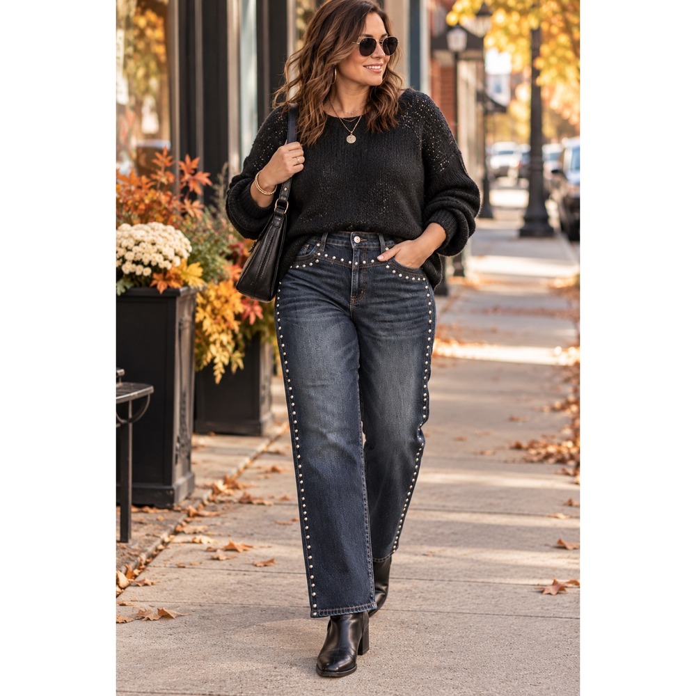 Abercrombie & Fitch Curve Love Studded 90s Straight Jeans 33 Long Mid Rise